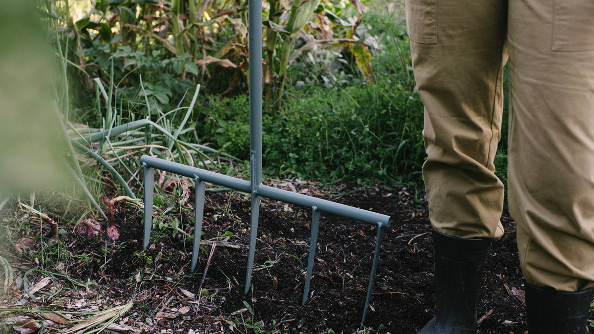 Close up of wide garden fork