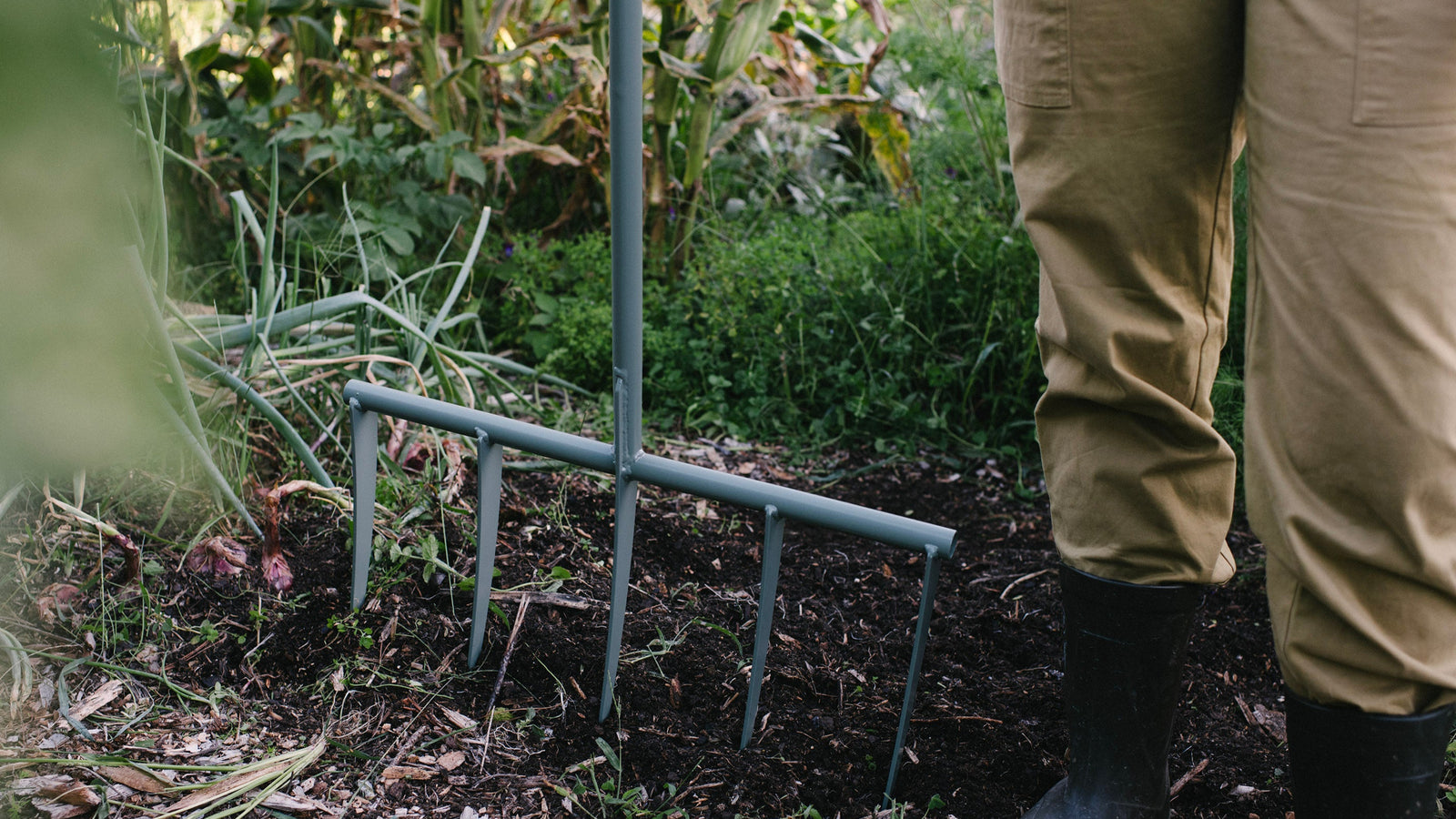Close up of wide garden fork